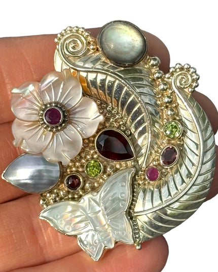 RARE  Sajen 925 Sterling silver brooch pendant MOP garnet Butterfly flowers