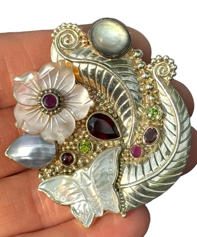 RARE  Sajen 925 Sterling silver brooch pendant MOP garnet Butterfly flowers