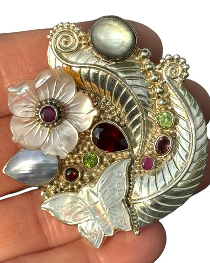 RARE  Sajen 925 Sterling silver brooch pendant MOP garnet Butterfly flowers