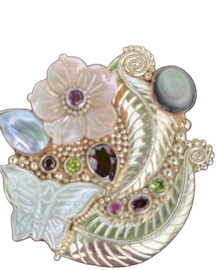 RARE  Sajen 925 Sterling silver brooch pendant MOP garnet Butterfly flowers