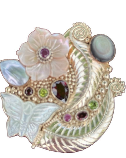 RARE  Sajen 925 Sterling silver brooch pendant MOP garnet Butterfly flowers