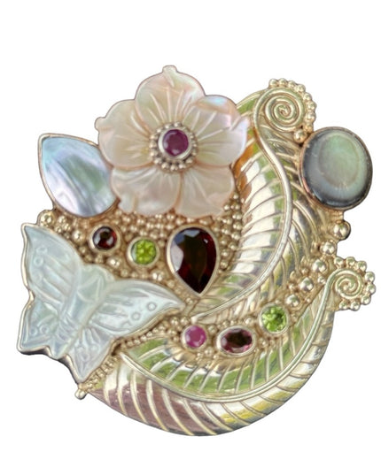RARE  Sajen 925 Sterling silver brooch pendant MOP garnet Butterfly flowers