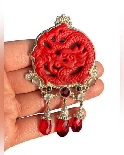 RARE  Sajen 925 Sterling silver brooch pendant Garnet cinnabar moonstone