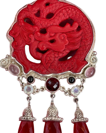 RARE  Sajen 925 Sterling silver brooch pendant Garnet cinnabar moonstone