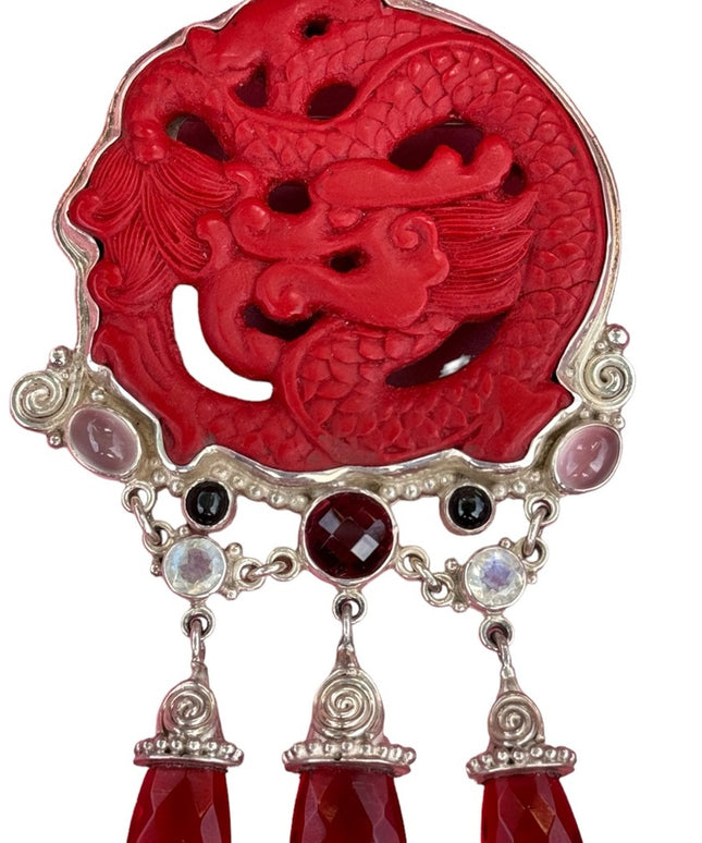 RARE  Sajen 925 Sterling silver brooch pendant Garnet cinnabar moonstone