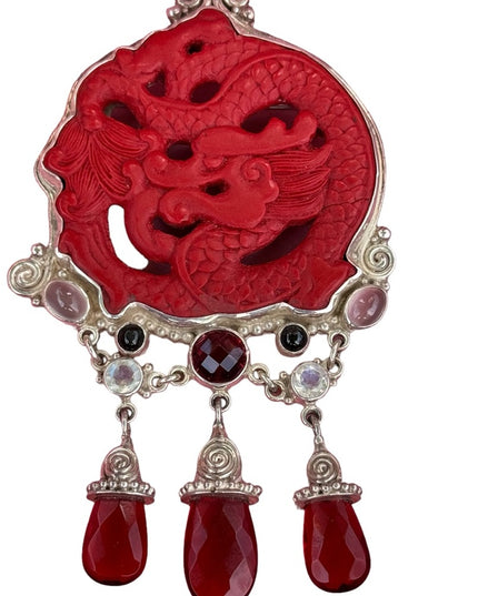 RARE  Sajen 925 Sterling silver brooch pendant Garnet cinnabar moonstone