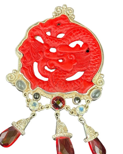 RARE  Sajen 925 Sterling silver brooch pendant Garnet cinnabar moonstone