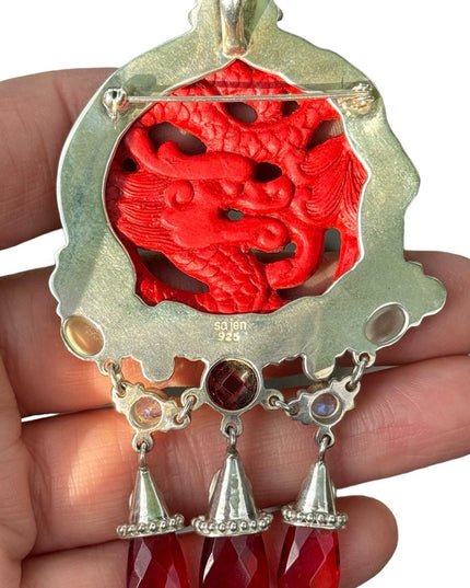 RARE  Sajen 925 Sterling silver brooch pendant Garnet cinnabar moonstone