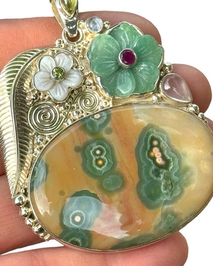 RARE  Sajen 925 Sterling silver brooch pendant Ocean Jasper MOP Garnet flowers