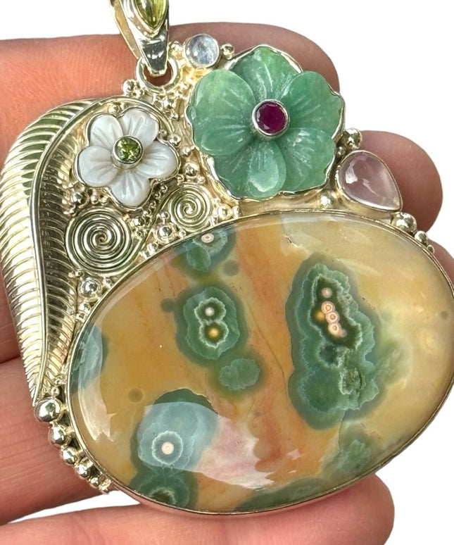 RARE  Sajen 925 Sterling silver brooch pendant Ocean Jasper MOP Garnet flowers