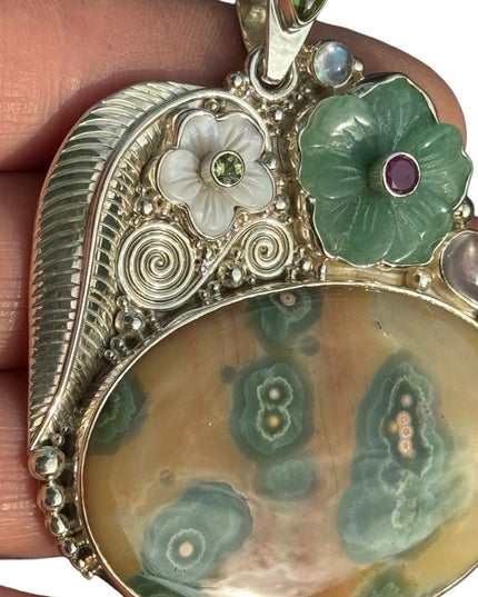 RARE  Sajen 925 Sterling silver brooch pendant Ocean Jasper MOP Garnet flowers