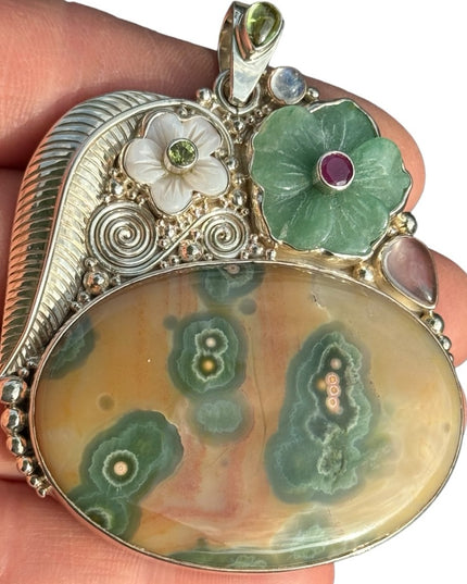 RARE  Sajen 925 Sterling silver brooch pendant Ocean Jasper MOP Garnet flowers