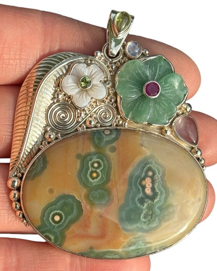 RARE  Sajen 925 Sterling silver brooch pendant Ocean Jasper MOP Garnet flowers