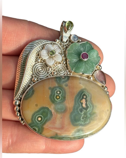 RARE  Sajen 925 Sterling silver brooch pendant Ocean Jasper MOP Garnet flowers