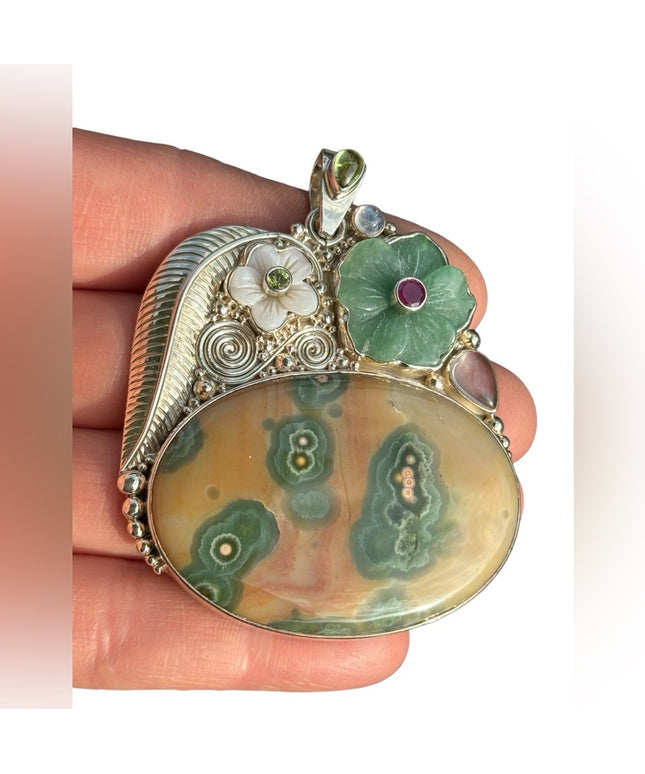 RARE  Sajen 925 Sterling silver brooch pendant Ocean Jasper MOP Garnet flowers
