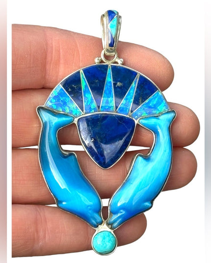 RARE  Sajen 925 Sterling dolphins brooch pendant turquoise lapis fire opal Inlay