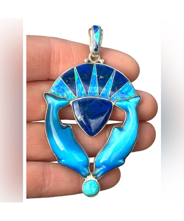 RARE  Sajen 925 Sterling dolphins brooch pendant turquoise lapis fire opal Inlay