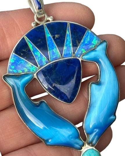 RARE  Sajen 925 Sterling dolphins brooch pendant turquoise lapis fire opal Inlay