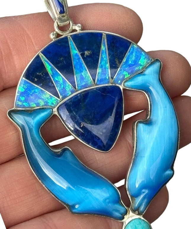 RARE  Sajen 925 Sterling dolphins brooch pendant turquoise lapis fire opal Inlay