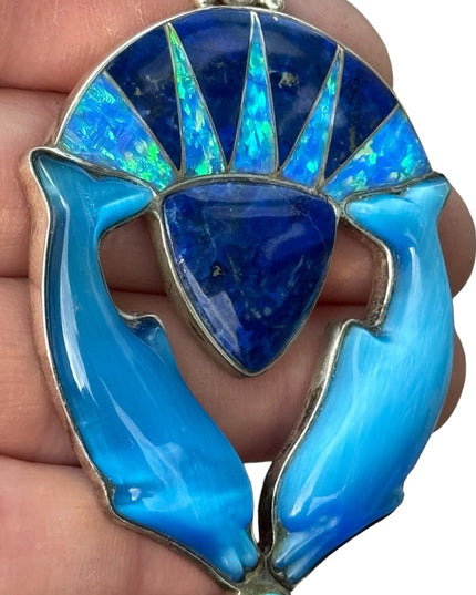 RARE  Sajen 925 Sterling dolphins brooch pendant turquoise lapis fire opal Inlay