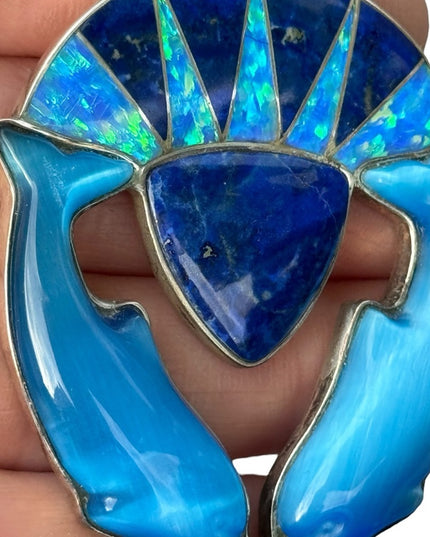 RARE  Sajen 925 Sterling dolphins brooch pendant turquoise lapis fire opal Inlay