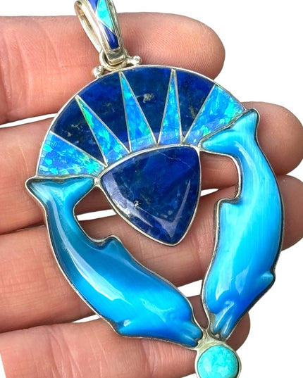 RARE  Sajen 925 Sterling dolphins brooch pendant turquoise lapis fire opal Inlay