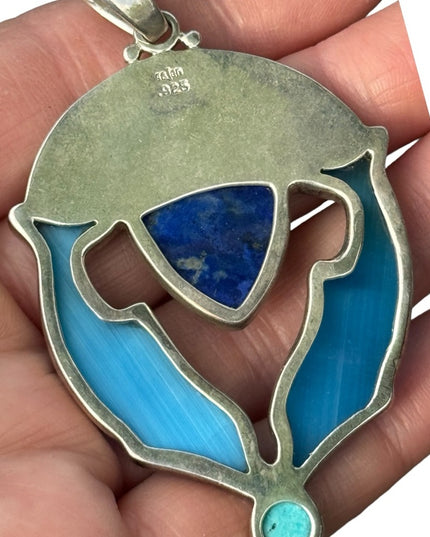 RARE  Sajen 925 Sterling dolphins brooch pendant turquoise lapis fire opal Inlay