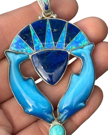 RARE  Sajen 925 Sterling dolphins brooch pendant turquoise lapis fire opal Inlay