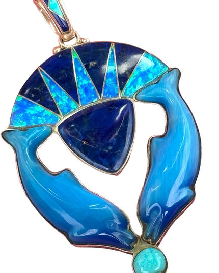 RARE  Sajen 925 Sterling dolphins brooch pendant turquoise lapis fire opal Inlay