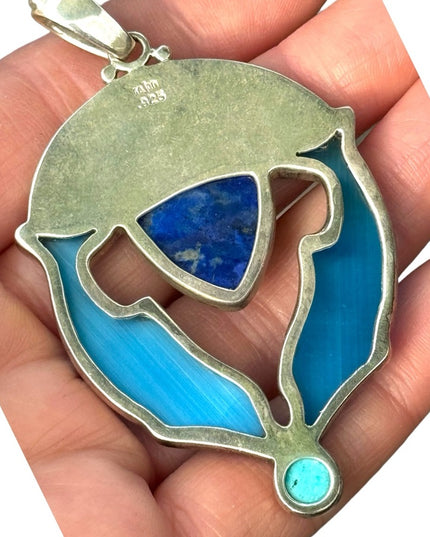 RARE  Sajen 925 Sterling dolphins brooch pendant turquoise lapis fire opal Inlay