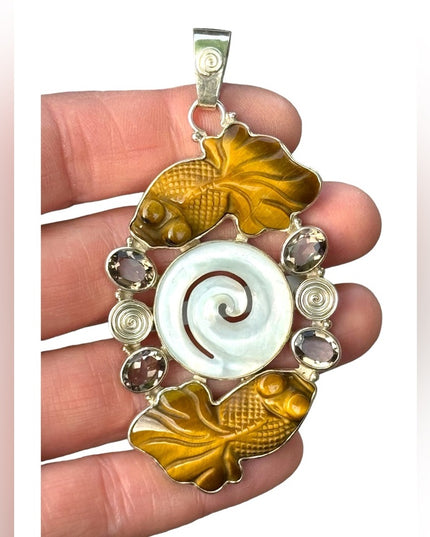 RARE  SAJEN DRAGON EYES CARVED TIGER EYE GOLD FISH STERLING SILVER 925 MOP