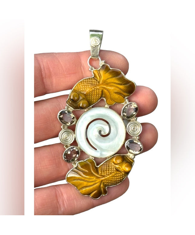 RARE  SAJEN DRAGON EYES CARVED TIGER EYE GOLD FISH STERLING SILVER 925 MOP