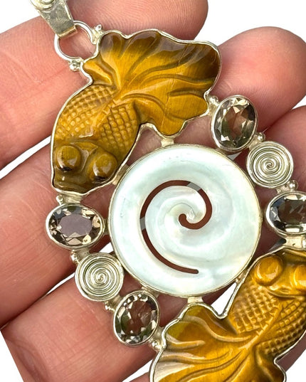 RARE  SAJEN DRAGON EYES CARVED TIGER EYE GOLD FISH STERLING SILVER 925 MOP