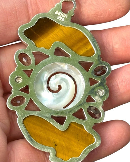 RARE  SAJEN DRAGON EYES CARVED TIGER EYE GOLD FISH STERLING SILVER 925 MOP