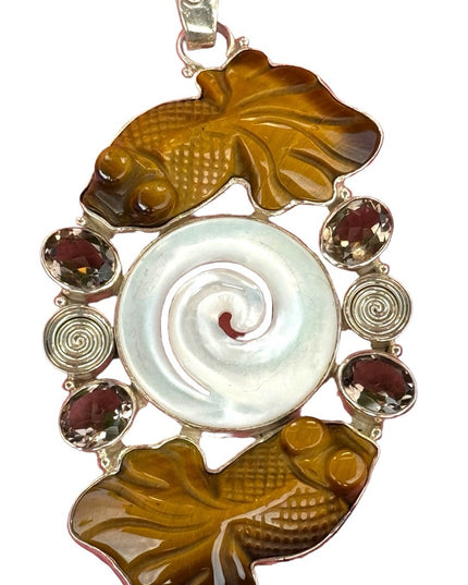 RARE  SAJEN DRAGON EYES CARVED TIGER EYE GOLD FISH STERLING SILVER 925 MOP