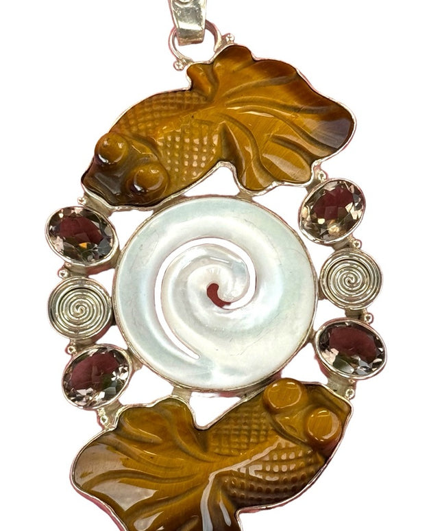RARE  SAJEN DRAGON EYES CARVED TIGER EYE GOLD FISH STERLING SILVER 925 MOP