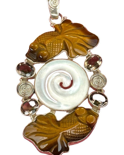 RARE  SAJEN DRAGON EYES CARVED TIGER EYE GOLD FISH STERLING SILVER 925 MOP