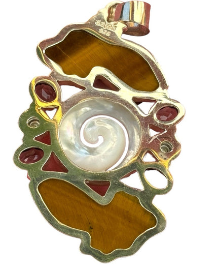RARE  SAJEN DRAGON EYES CARVED TIGER EYE GOLD FISH STERLING SILVER 925 MOP