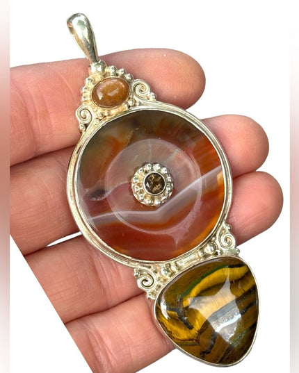 RARE  Sajen 925 Sterling silver  pendant Tiger eye jasper  statement pendant