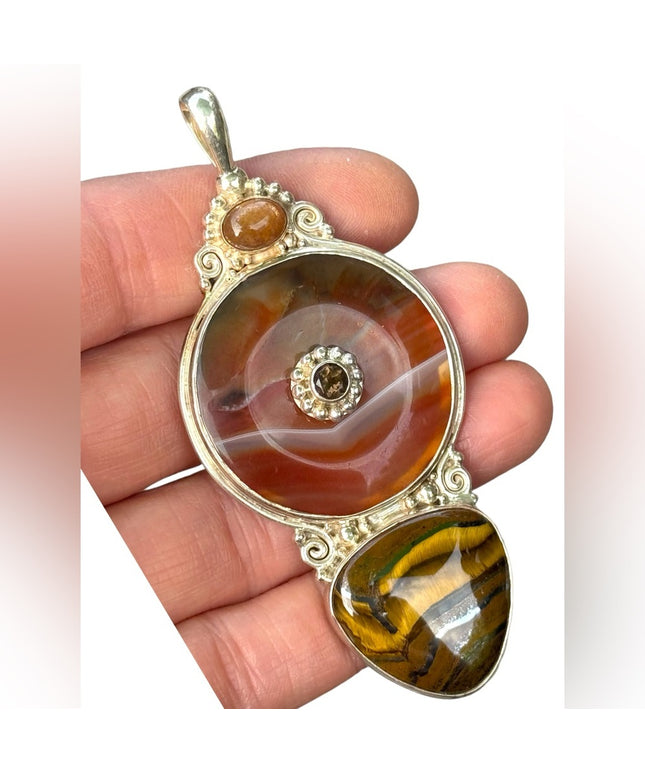 RARE  Sajen 925 Sterling silver  pendant Tiger eye jasper  statement pendant