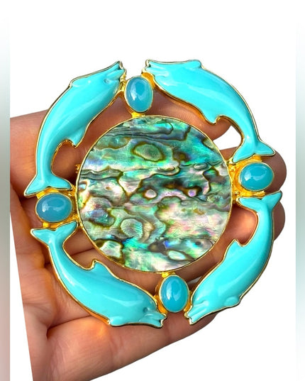 RARE  Sajen 925 Sterling silver brooch pendant Large turquoise abalone dolphin