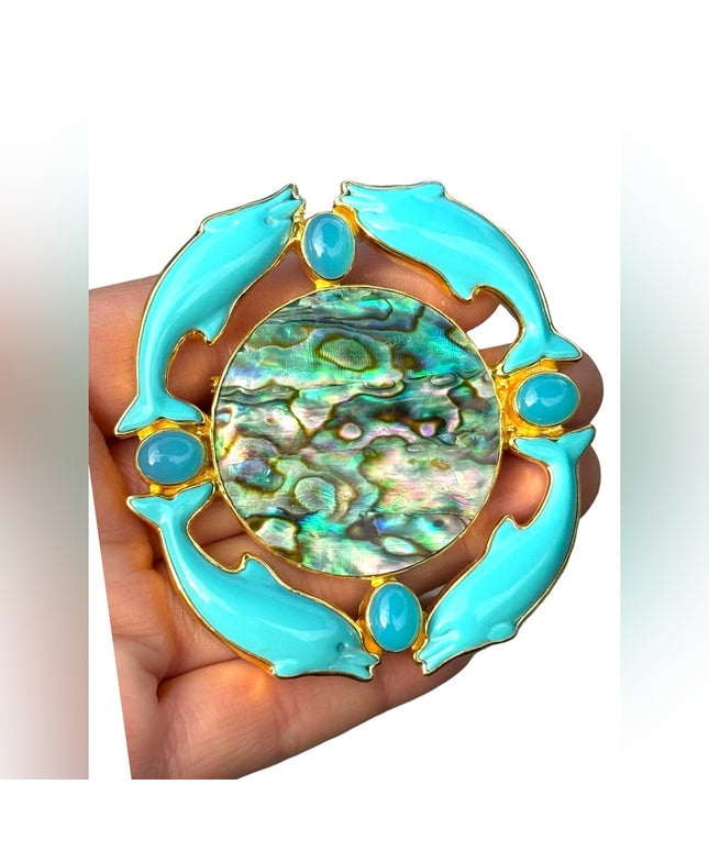RARE  Sajen 925 Sterling silver brooch pendant Large turquoise abalone dolphin