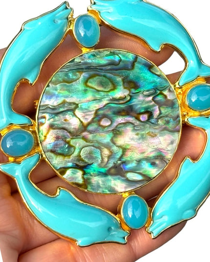 RARE  Sajen 925 Sterling silver brooch pendant Large turquoise abalone dolphin