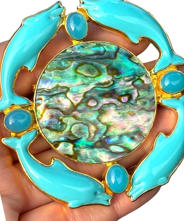RARE  Sajen 925 Sterling silver brooch pendant Large turquoise abalone dolphin