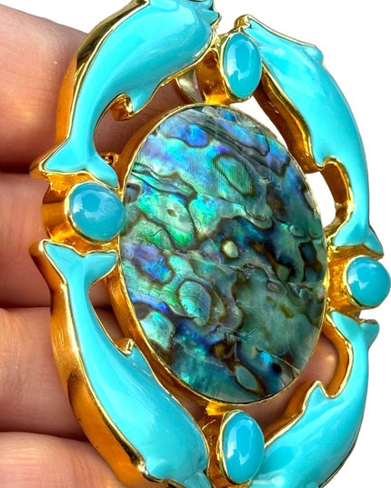 RARE  Sajen 925 Sterling silver brooch pendant Large turquoise abalone dolphin