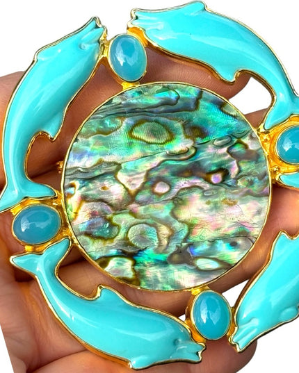 RARE  Sajen 925 Sterling silver brooch pendant Large turquoise abalone dolphin