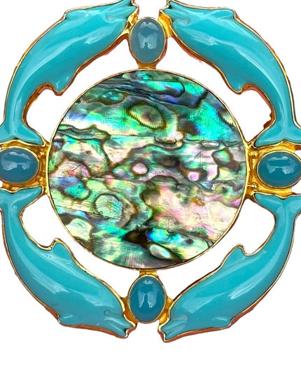 RARE  Sajen 925 Sterling silver brooch pendant Large turquoise abalone dolphin