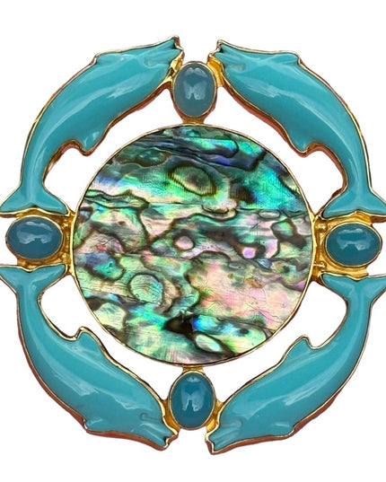 RARE  Sajen 925 Sterling silver brooch pendant Large turquoise abalone dolphin