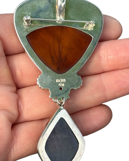 RARE  Sajen 925 Sterling silver brooch pendant Handmade im Bali Garnet