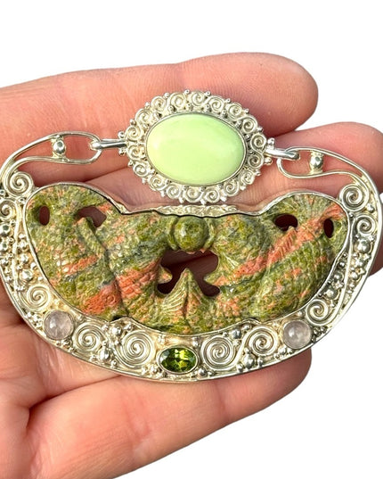 RARE  Sajen 925 Sterling silver brooch pendant fish Bali Unikite moonstone